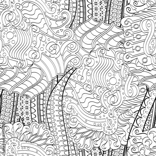 Tracery seamless calming pattern. Mehendi design. Neat even binary harmonious doodle texture. Algae sea motif. Indifferent ethnical. Ambitious bracing usable, curved doodling mehndi. Vector.
