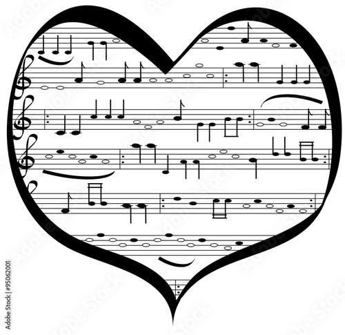 Music lovers heart. Vector illustration of notation in the shape of heart , object isolated.
