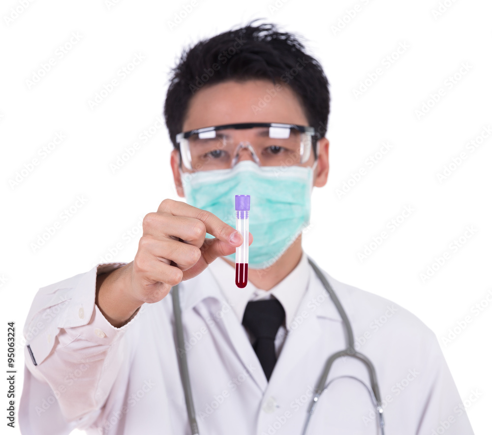 doctor in mask research a medical test glass with blood doctor in mask research a medical test glass with blood