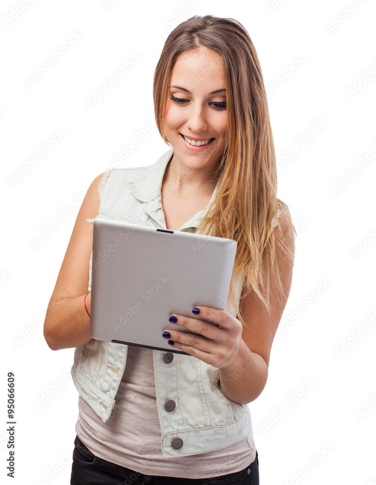beautiful young woman using her white tablet beautiful young woman using her white tablet