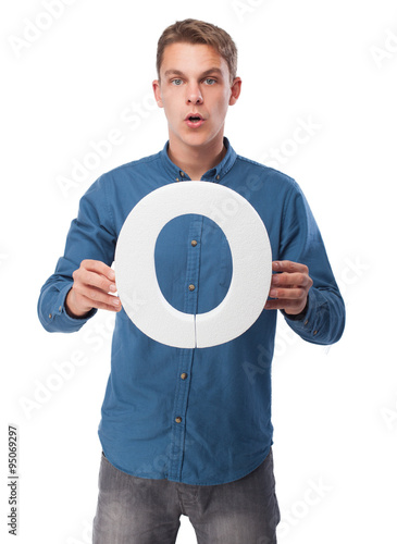 happy young man with o letter