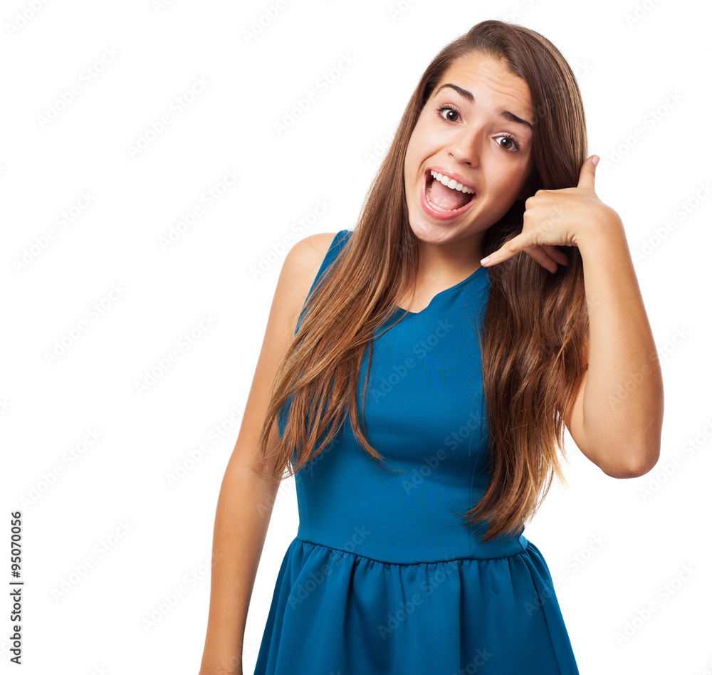 young elegant woman doing a call gesture on white young elegant woman doing a call gesture on white
