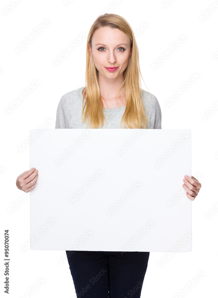 Young Woman show with white banner Young Woman show with white banner