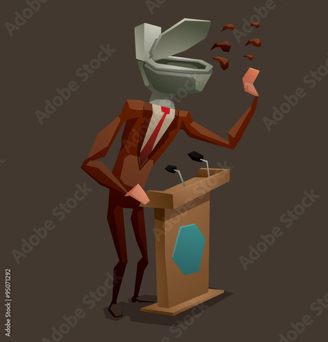 Vector Dishonest politician. Cartoon image of a politician in a brown suit, white shirt and red tie with white toilet instead of the head, behind the light brown podium on a gray background.