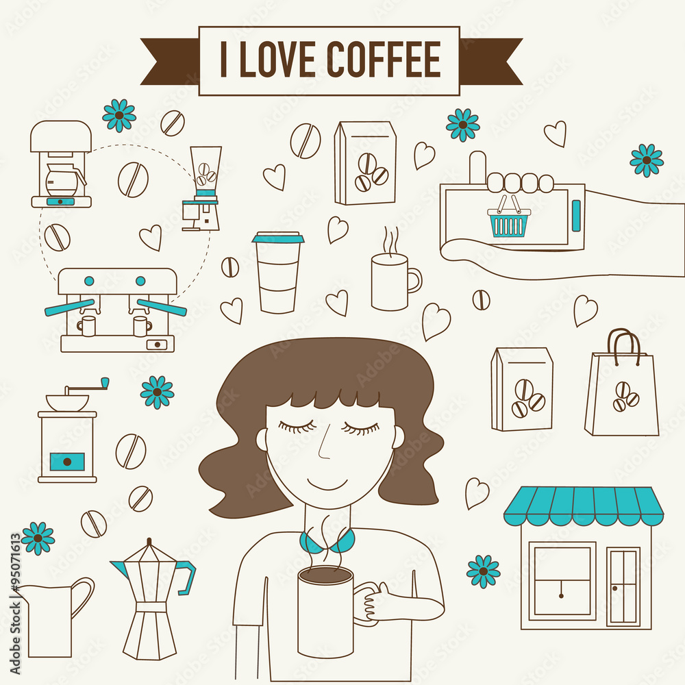 women holding cup of coffee smell aroma feeling love banner line