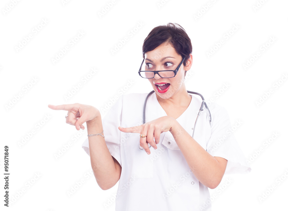 successful female doctor pointing something successful female doctor pointing something
