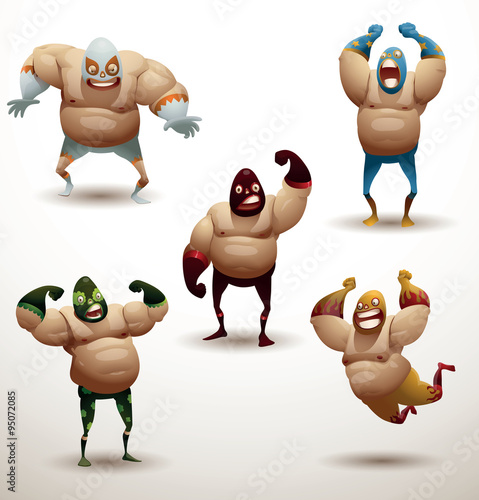 Vector Mexican wrestlers Set. Cartoon image of five Mexican wrestlers in different colors masks, pants and gloves on a light background.
