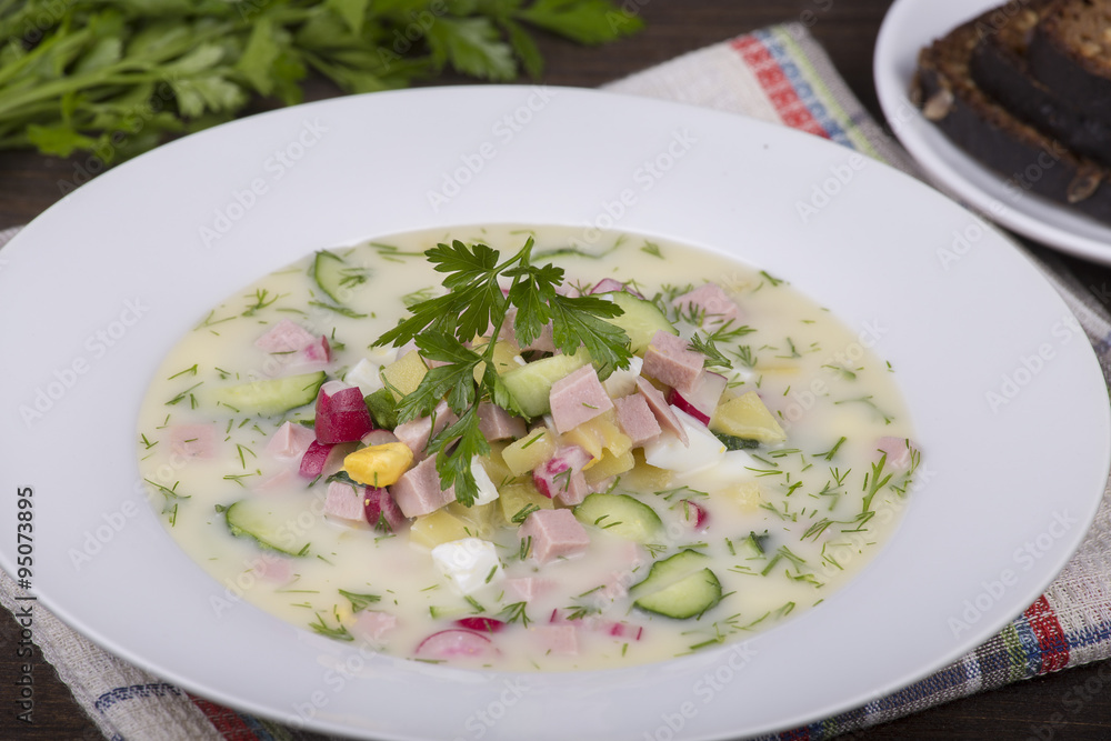 Cold vegetable soup on yogurt, sour-milk base - okroshka Cold vegetable soup on yogurt, sour-milk base - okroshka