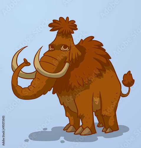 Vector Mammoth, left side. Cartoon image of a funny brown furry mammoth, left side  on a light blue background.