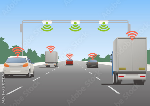 Highway communication system and vehicles, vector illustration