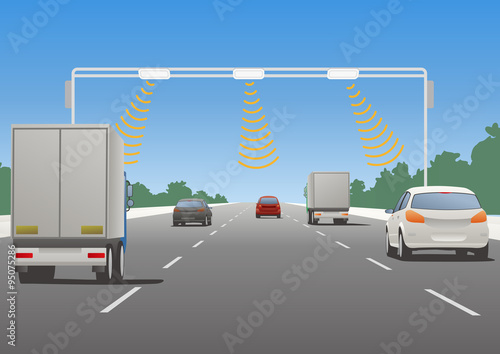 Highway communication system and vehicles, vector illustration