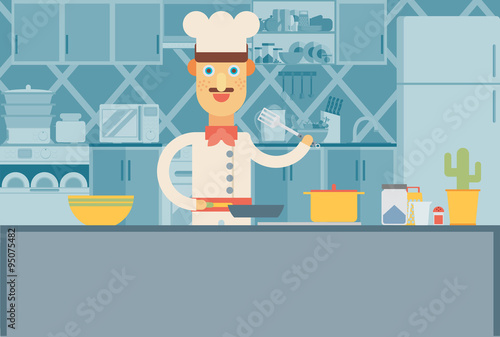 Happy chef at the kitchen interior. Flat illustration.