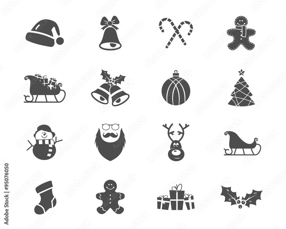 Naklejka premium Christmas, Happy New Year and Winter icons collection. Set of holidays symbols, elements - santa, deer, gift, snowman, candy, toys for web, app, ptint. Vector monochrome silhouette