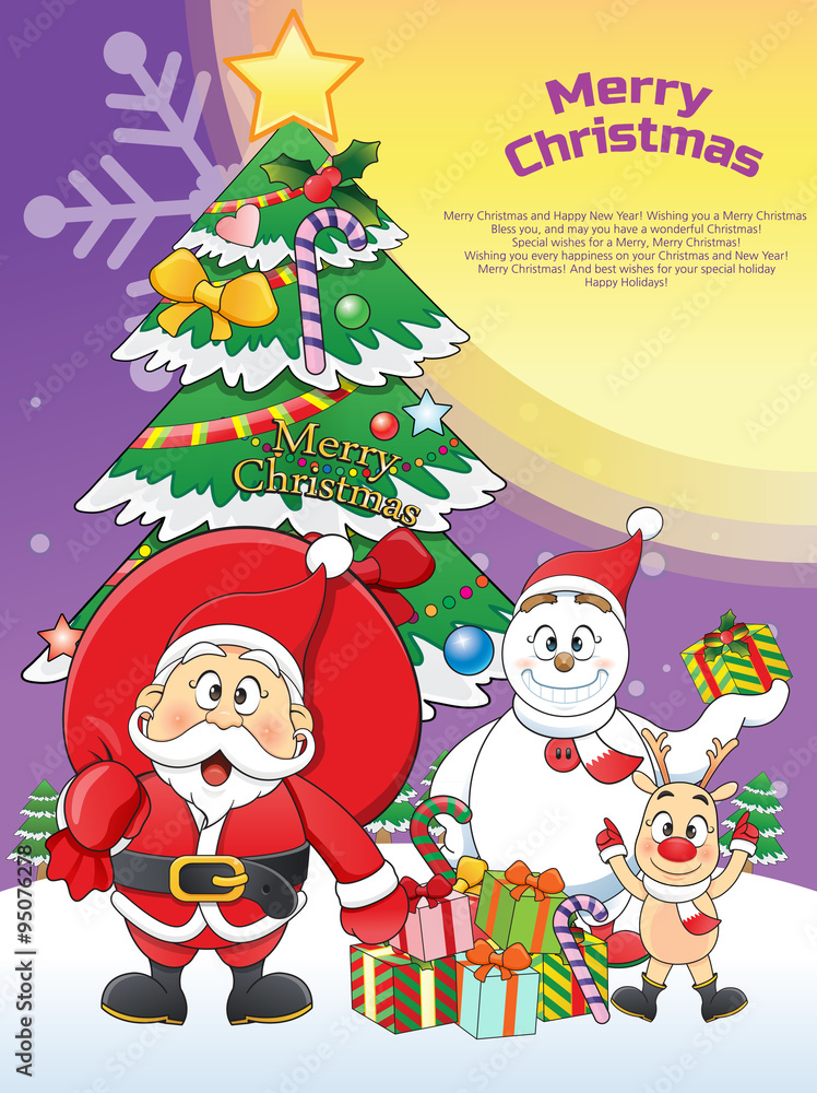 merry Christmas Santa, Snowman, Reindeer Cartoon. merry Christmas Santa, Snowman, Reindeer Cartoon.