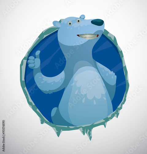 Vector Polar bear endorses, Label. Cartoon image of a round blue ice label with a funny white polar bear with a raised thumb on a white snowy background.