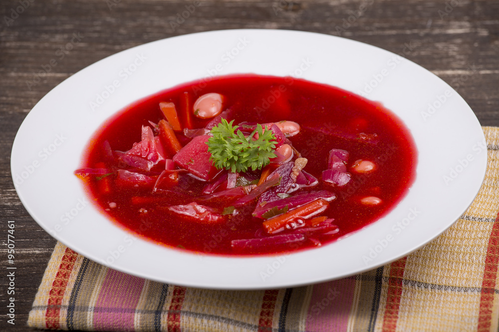 Red beet soup, borscht on the table Red beet soup, borscht on the table