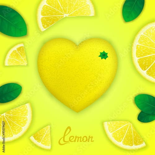 Photorealistic surround lemon in the form of heart with slices around. Fruity creative design