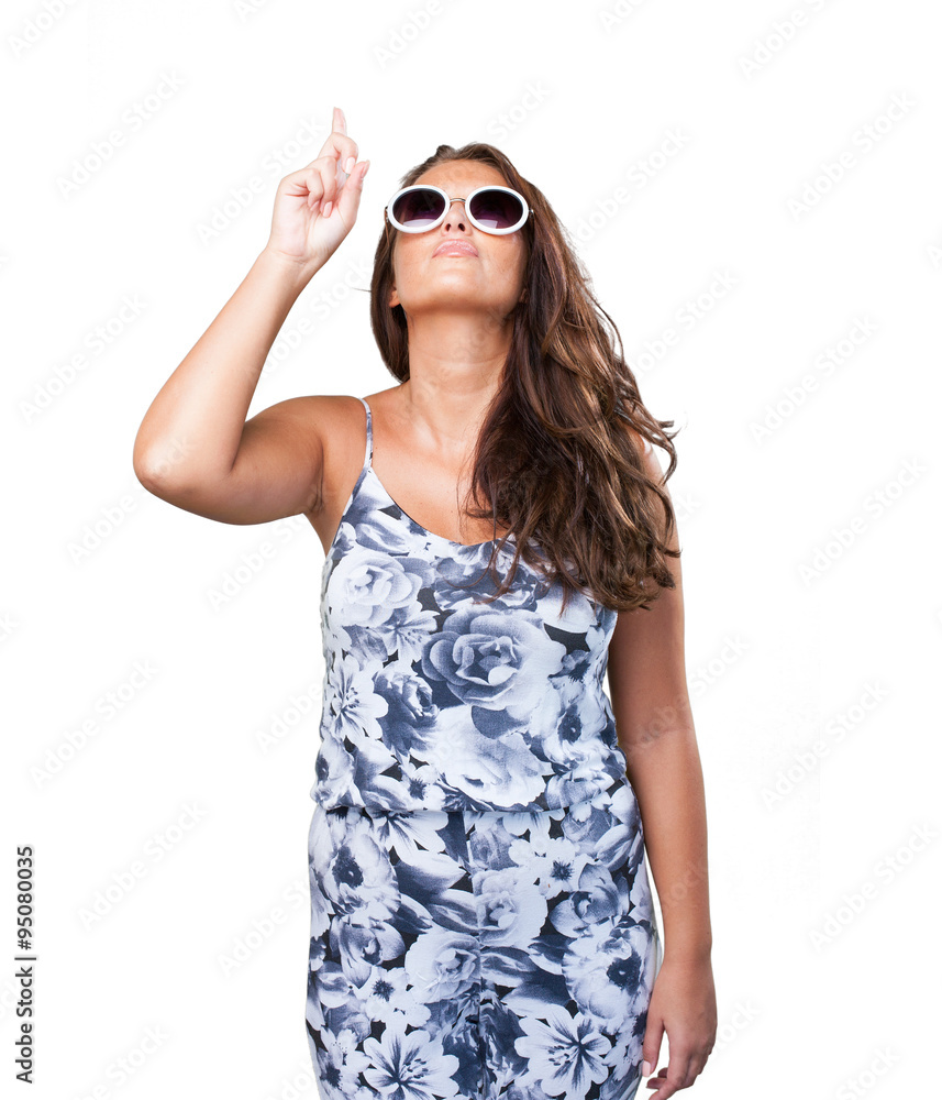 pretty woman pointing to the copyspace pretty woman pointing to the copyspace