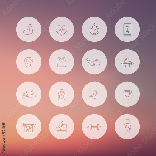 16 fitness, gym, training linear transparent icons, vector illustration, eps10
