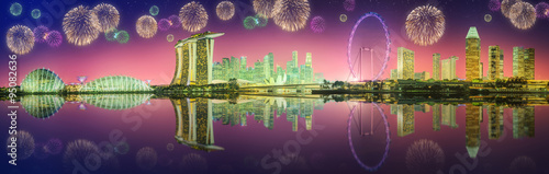 Beautiful fireworks in Marina Bay  Singapore Skyline