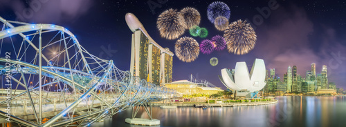 Beautiful fireworks in Marina Bay, Singapore Skyline