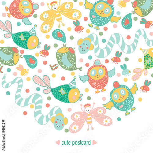 Cheerful party. Kids vector postcard.