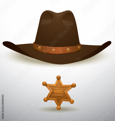 Vector Cowboy's hat and sheriff's star. Cartoon image of a brown cowboy's hat and a gold sheriff's star on a light background.
