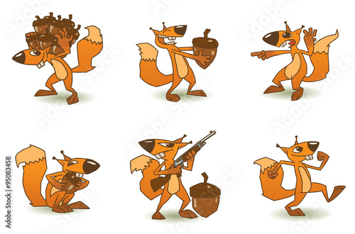 Vector Crazy Squirrels set. Cartoon image of six funny crazy orange squirrels with brown nuts in various poses on a light background.
