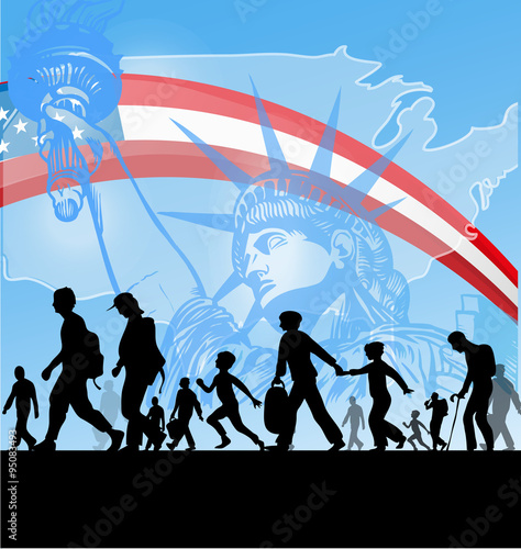 immigration people on usa flag 