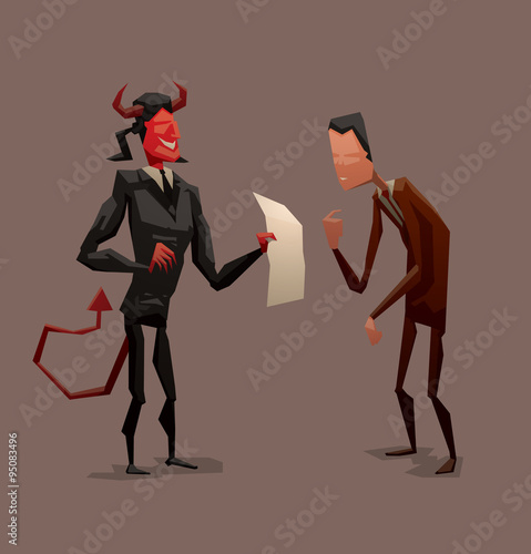 Vector cartoon image of a red devil with horns and tail in a black suit with a white sheet of paper in his hand and a businessman in a brown suit on a gray background.