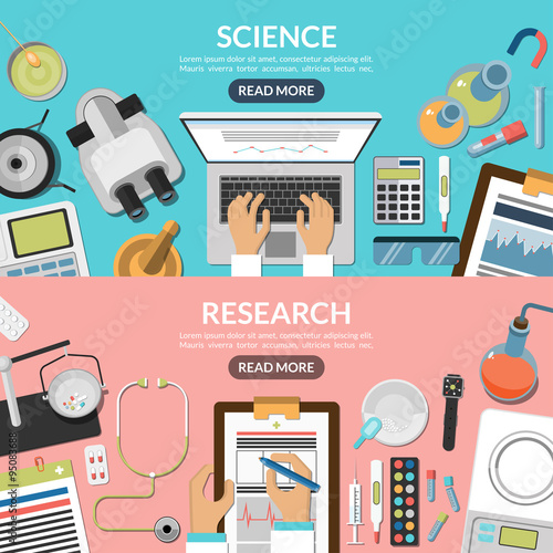 Science and research flat vector backgrounds set