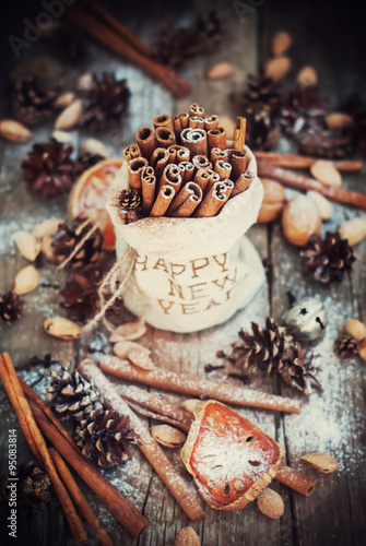Christmas Sticks of Cinnamon and other Ingredients. Vintage © olga pink