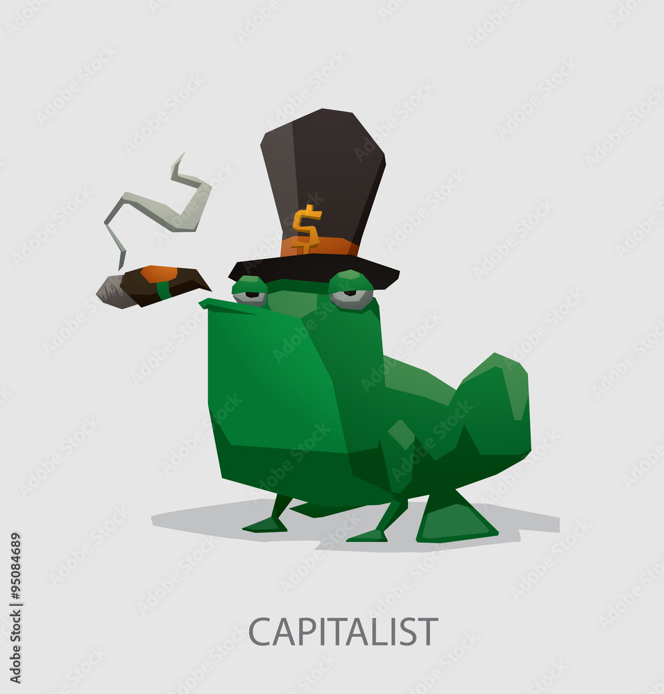 Obraz premium Vector cartoon image of a green frog the capitalist in a black tall hat with a gold dollar symbol and with a cigar in his mouth on a light background. The text is written in curves.