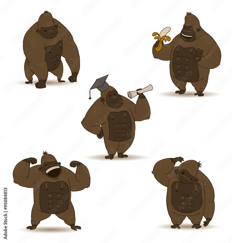 Naklejka premium Vector Funny gorillas set. Cartoon image of five funny brown gorillas in different poses on a light background.