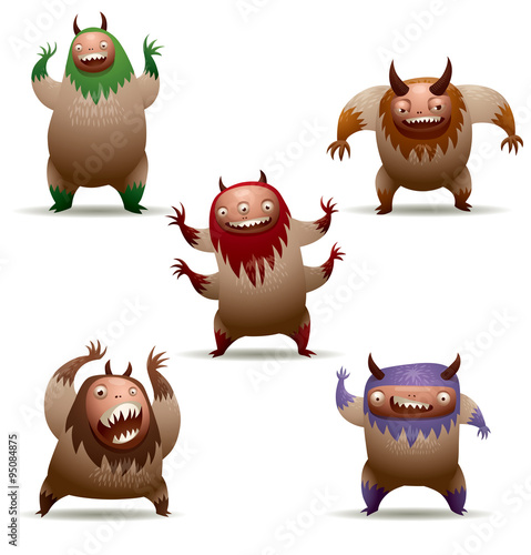 Vector Funny hairy monsters set. Cartoon image of five funny hairy monsters with manes of different colors in various poses on a light background.