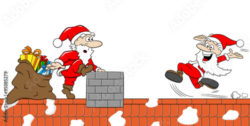 ein Team von Weihnachtsmännern grüßt vom Dach 