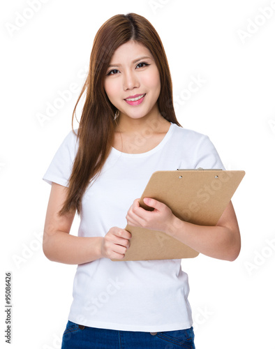 Asian Young Woman hold with clipboard