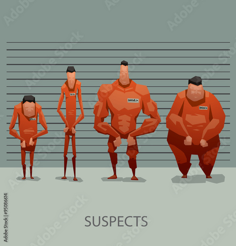 Vector Suspects. Cartoon image of four men suspects of various physique in an orange suit of prisoner on a gray background. 