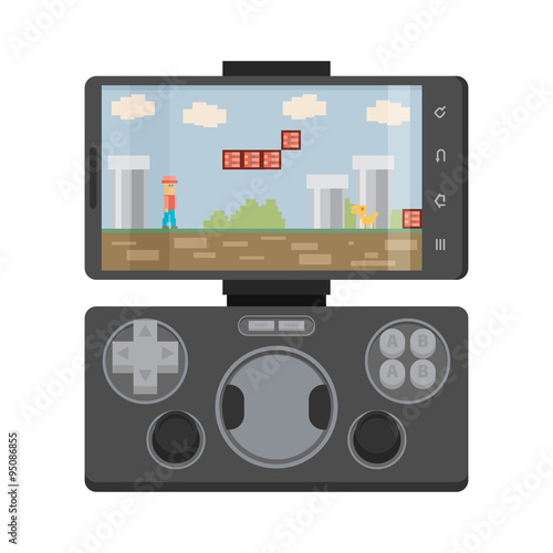 Modern smartphone connected with gamepad, isolated on white back