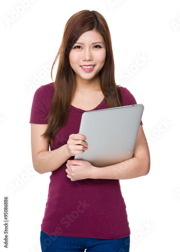 Asian Young Woman hold with laptop computer