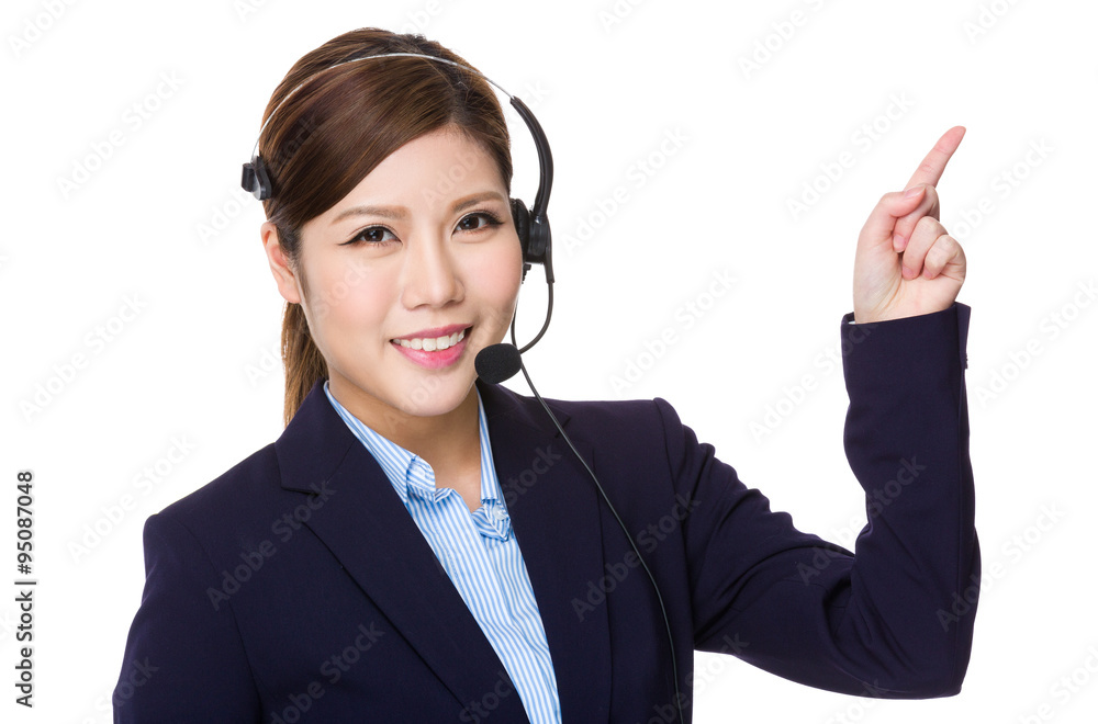 Customer services executive with finger point up Customer services executive with finger point up