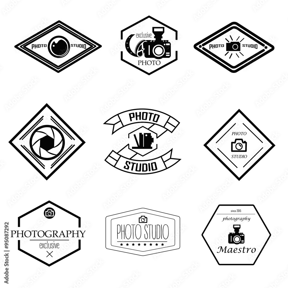 Obraz premium Vector set of photography and logo templates. Photo studio logotypes, design elements. Labels, emblems, badges, icons
