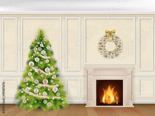 Christmas interior in classic style with fireplace and fir tree on wall decorated moulding panels background.