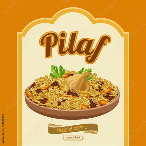 Pilaf. Oriental cuisine. Vector illustration for café, restaura