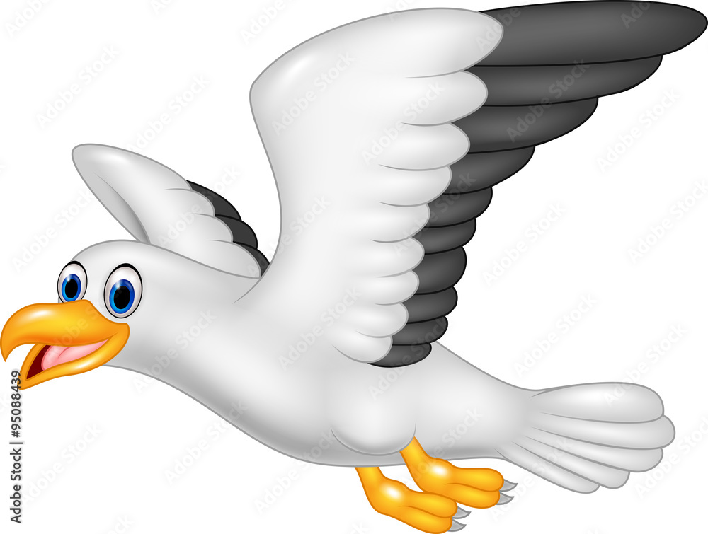Fototapeta premium Cartoon flying seagull isolated on white background
