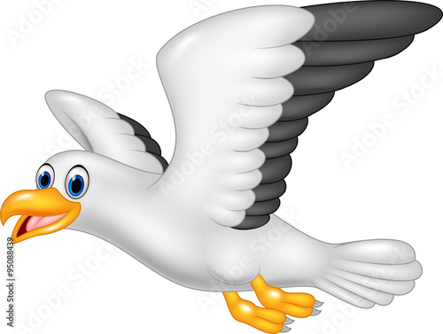 Cartoon flying seagull isolated on white background