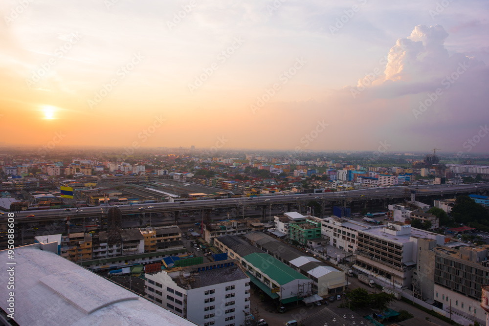 Bangkok Rangsit Thailand Cityscape in a high resolution at the sunset time.