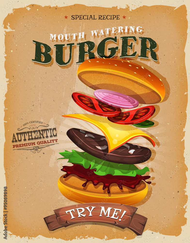 Plakat Grunge i rocznika hamburgeru składników plakat