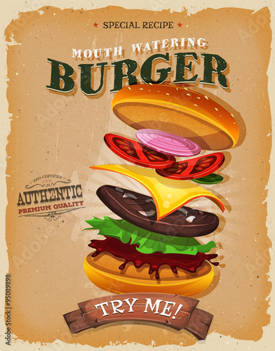 Grunge i rocznika hamburgeru składników plakat