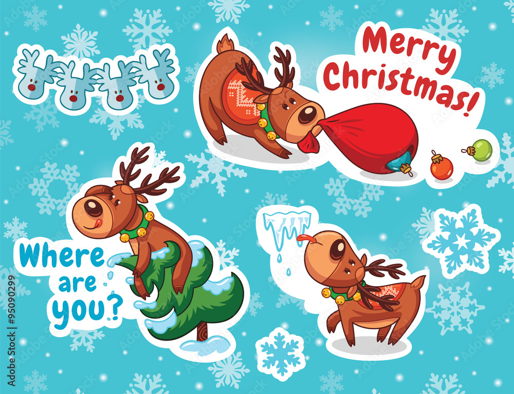 Fototapeta premium Christmas sticker set. Reindeer Santa